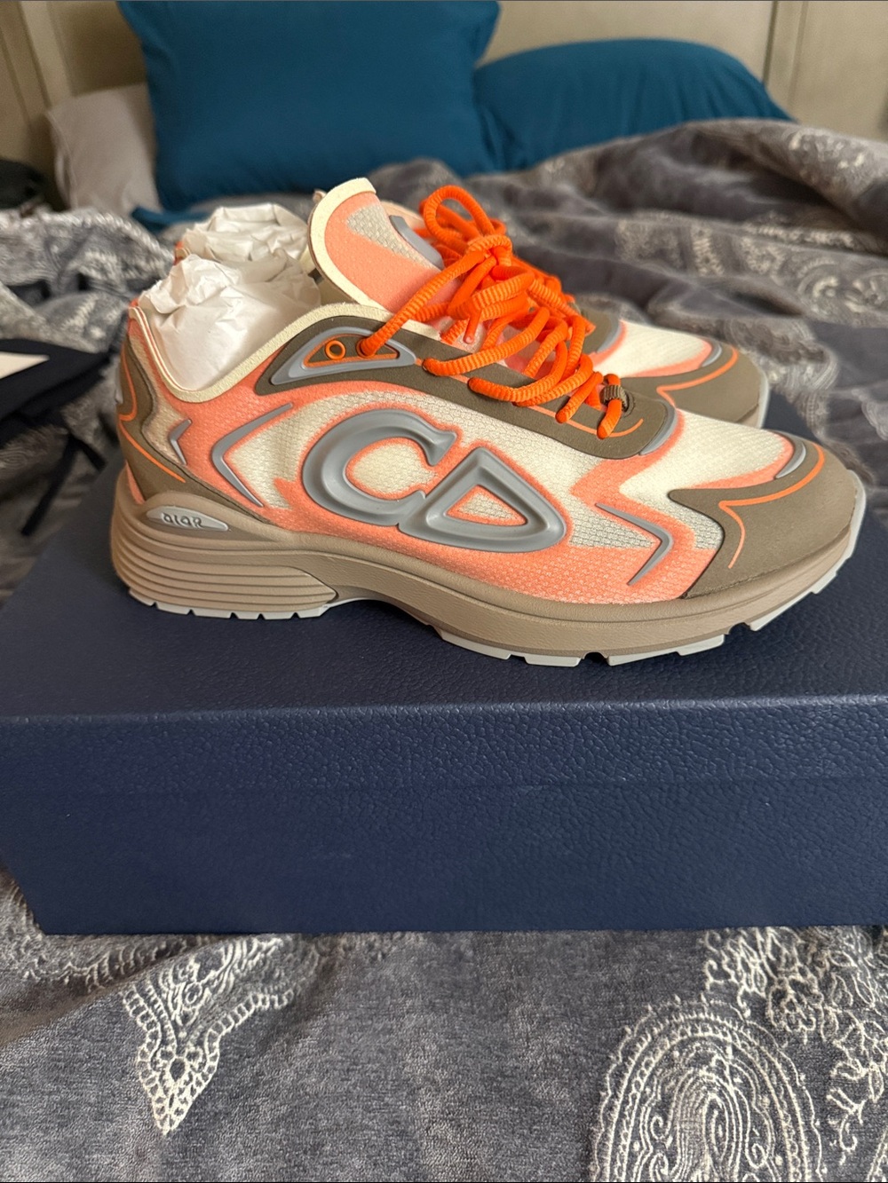 Dior Men's Neon Orange and Beige Runner Sneakers